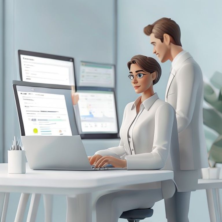 Личный кабинет B2B-клиента на 1С-Битрикс — менеджер и клиент обсуждают заказ и историю покупок на экране ноутбука