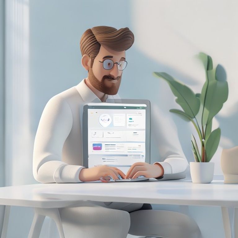 Менеджер работает за ноутбуком с AI-конструктором приложений Битрикс24 на экране