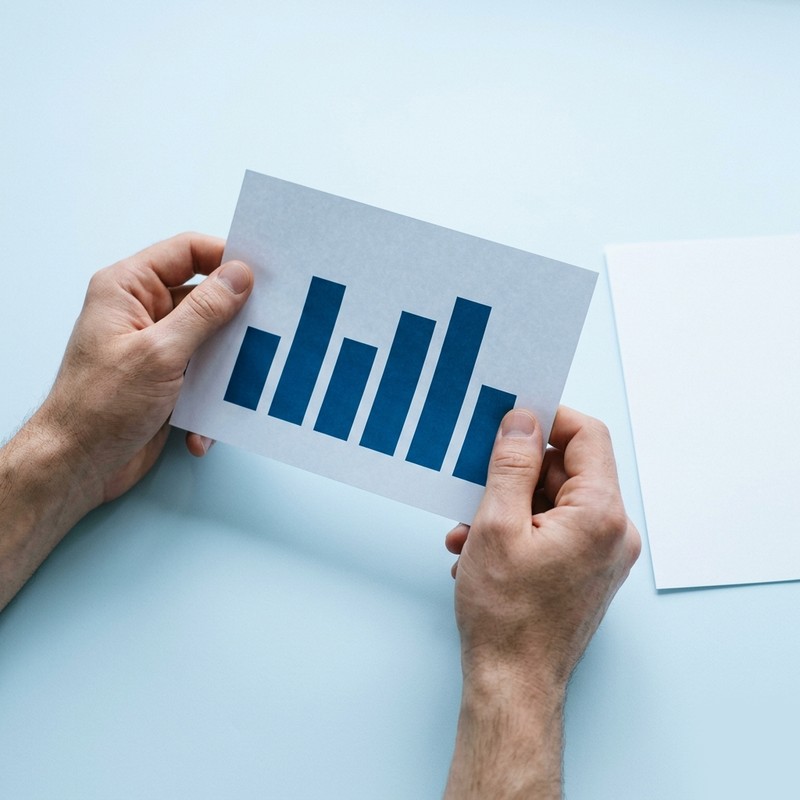 Руки держат лист с диаграммой продаж: руководитель анализирует данные CRM для принятия решений