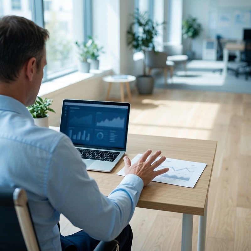 Руководитель компании изучает отчёт по продажам перед внедрением CRM-системы