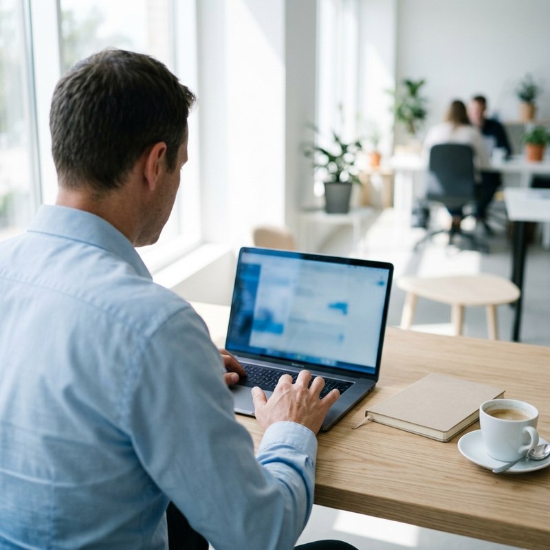 Руководитель работает с email-рассылкой для B2B на ноутбуке в светлом офисе
