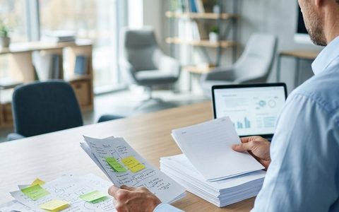Руководитель сравнивает стопку разрозненных записок и упорядоченную CRM