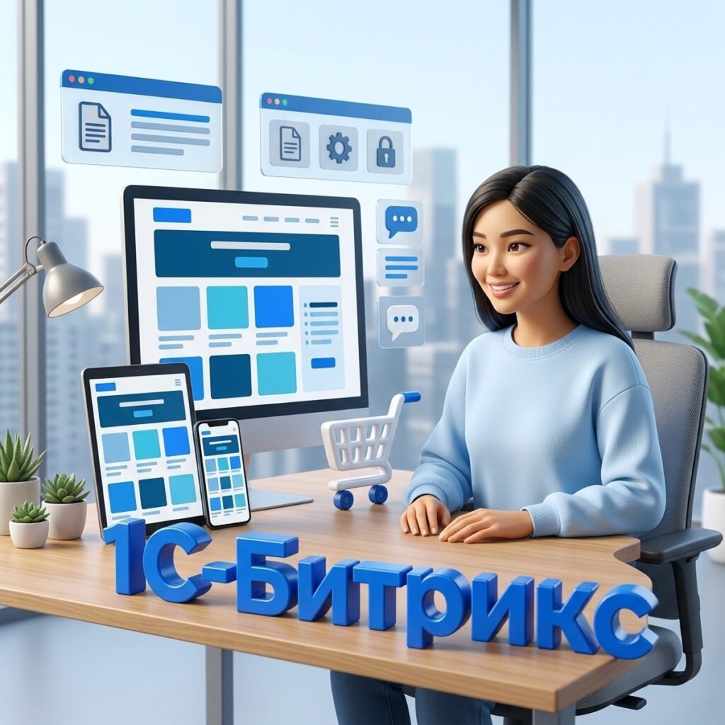 Фронтенд-разработчица и сайт интернет-магазина на 1С-Битрикс на мониторе, планшете и смартфоне