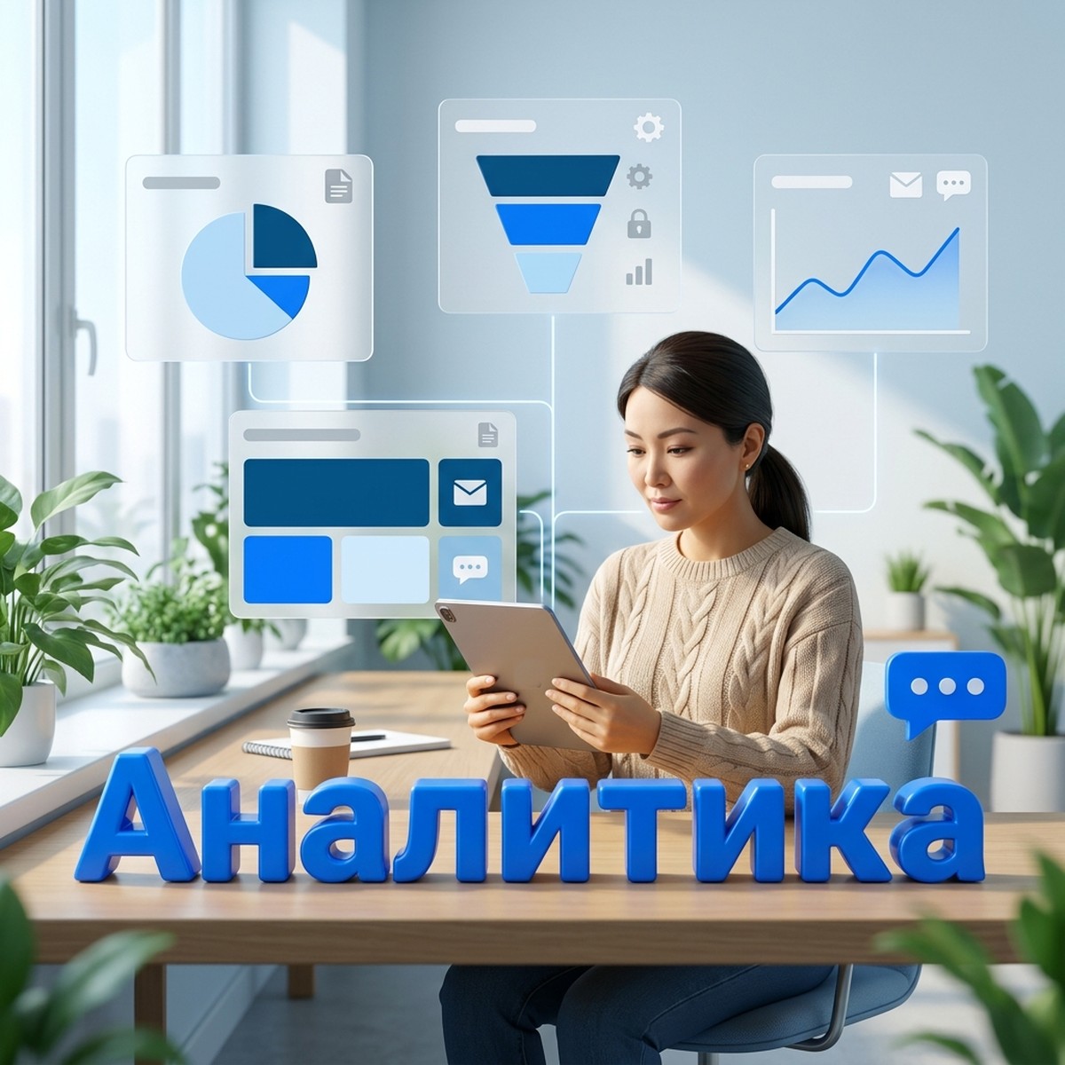 Маркетолог с планшетом, парящие панели с диаграммой, воронкой и графиком, объёмная надпись Аналитика: настройка аналитики на сайте