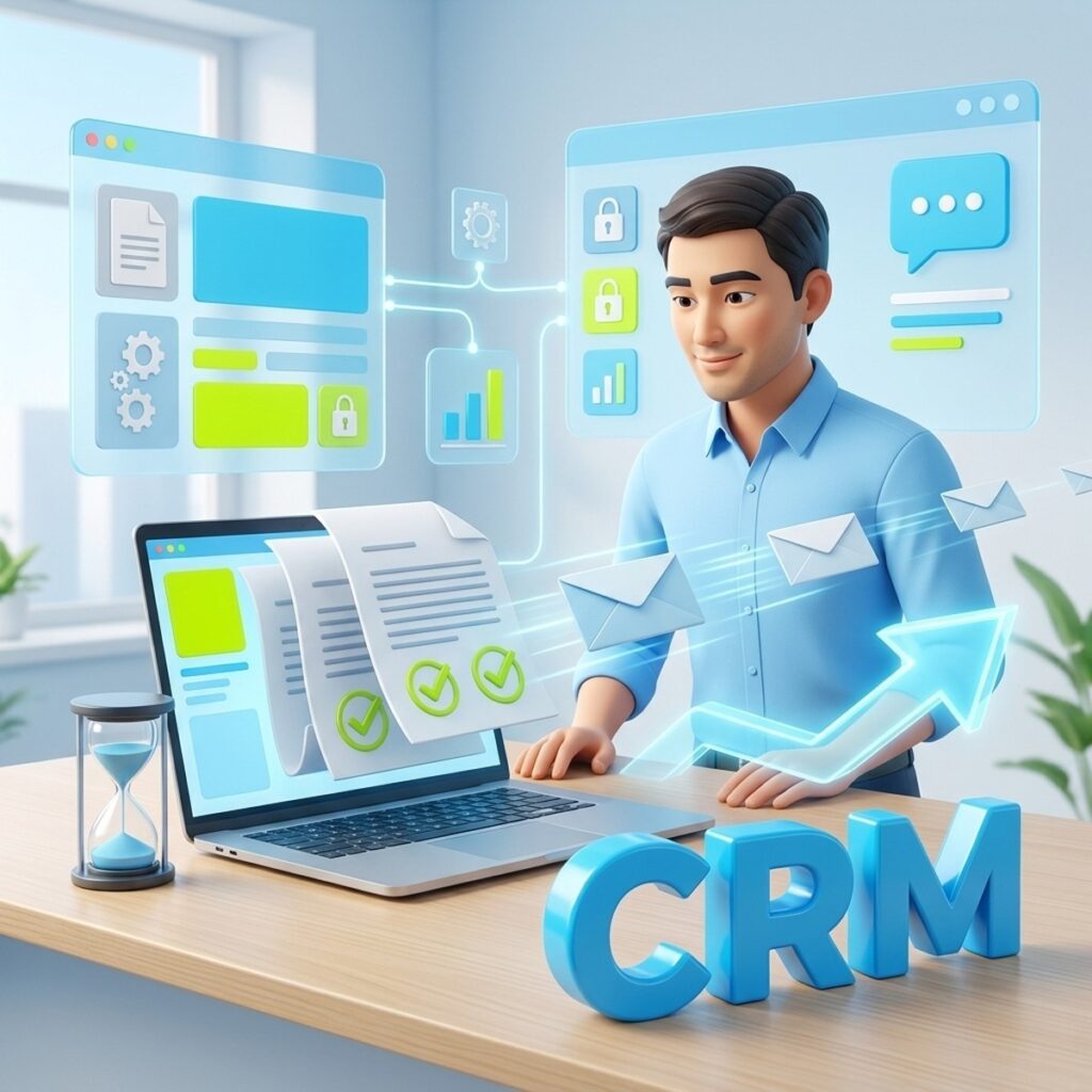 Менеджер по продажам формирует счета и КП автоматически в CRM Битрикс24, документы с галочками вылетают из ноутбука