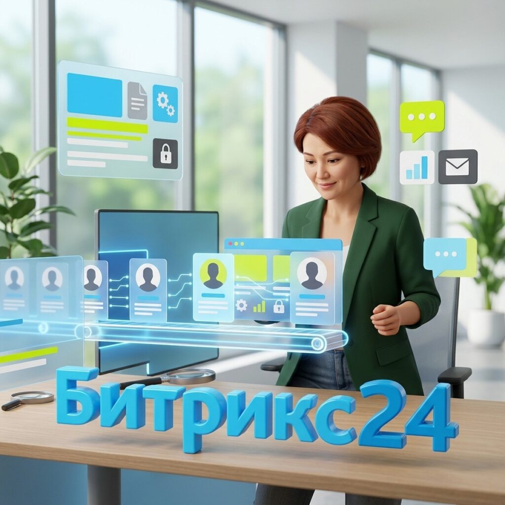 HR-директор просматривает карточки кандидатов на конвейере подбора, объёмная надпись Битрикс24