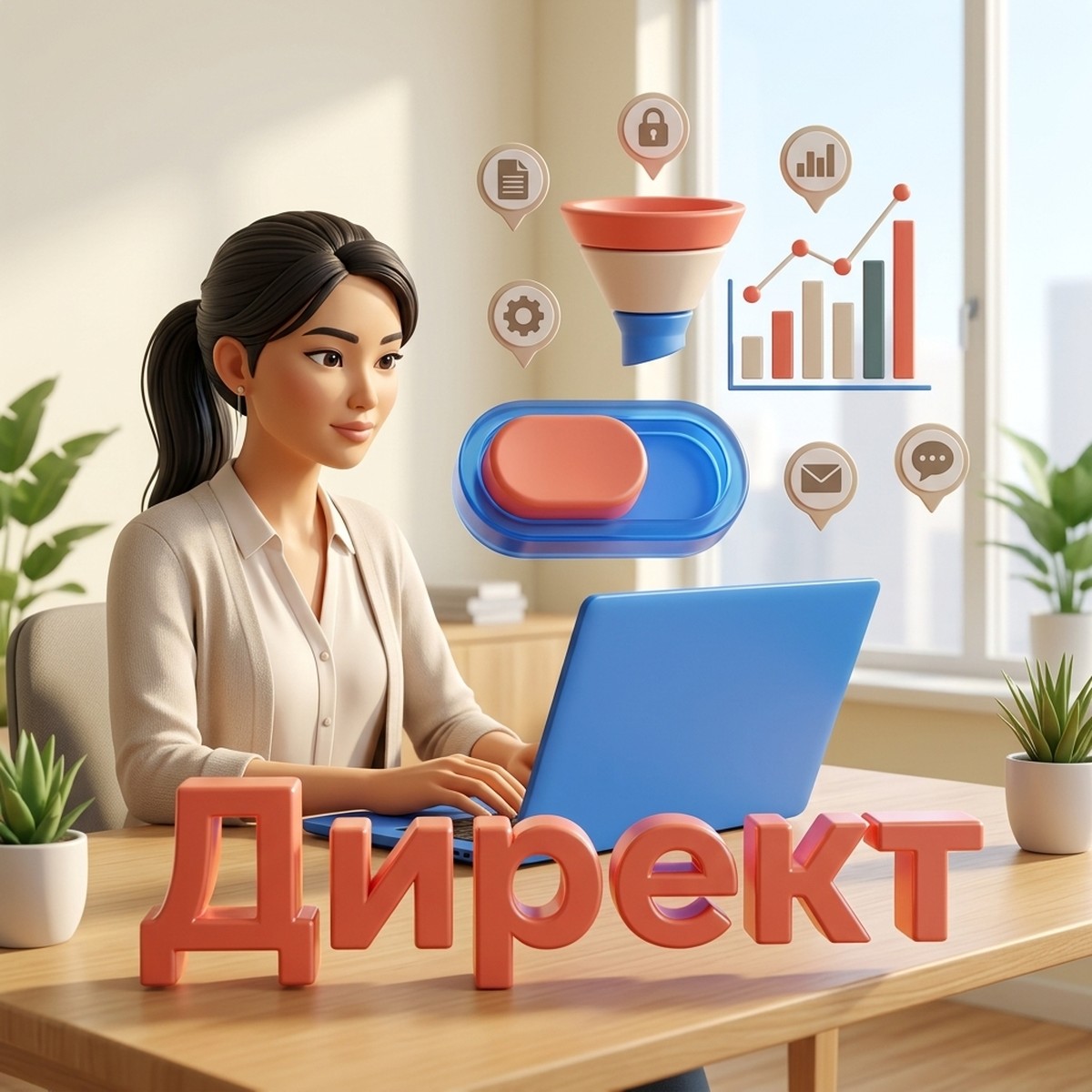 Маркетолог за ноутбуком, объёмный тумблер-переключатель, воронка и график, слово Директ на столе