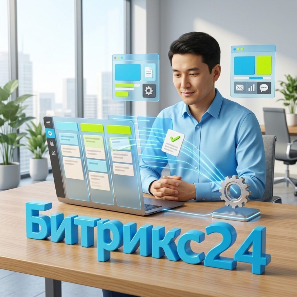 Менеджер за ноутбуком с доской сделок Битрикс24, из карточки сделки вылетает новая задача
