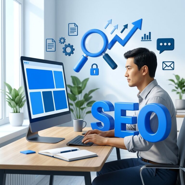 Маркетолог за компьютером и объёмные буквы SEO: бесплатное продвижение сайта своими силами