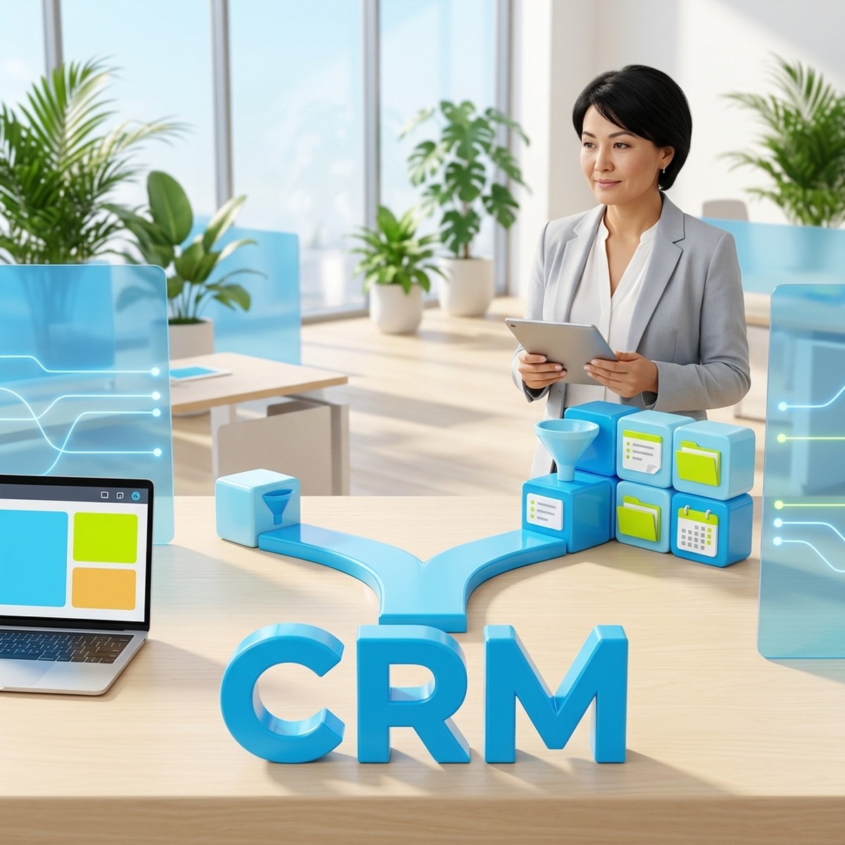 Руководитель с планшетом выбирает между простой CRM-воронкой и Битрикс24 как единой системой задач, документов и продаж