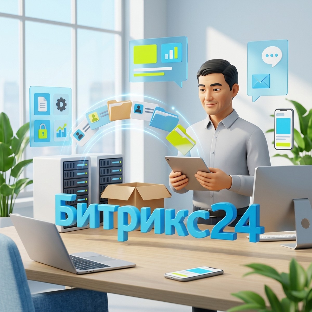 Руководитель с планшетом наблюдает перенос папок и карточек контактов между серверными стойками, объёмная надпись Битрикс24