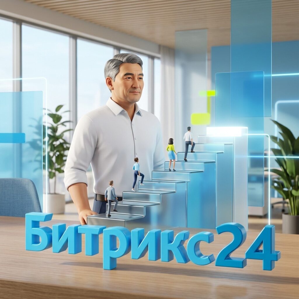 Руководитель рядом с лестницей роста, по которой поднимается команда, объёмная надпись Битрикс24