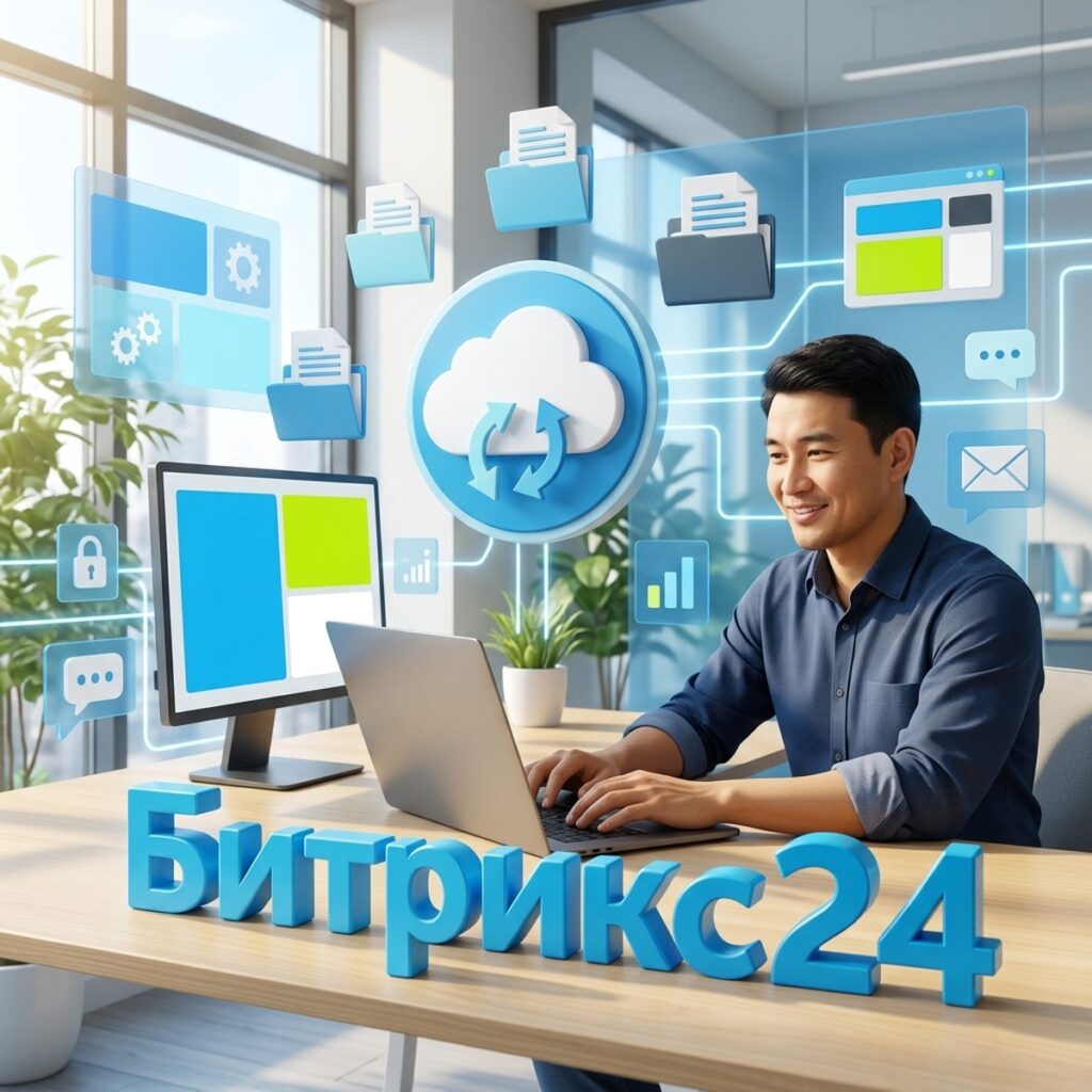 Менеджер за ноутбуком синхронизирует Диск Битрикс24 на компьютере, объёмная надпись Битрикс24
