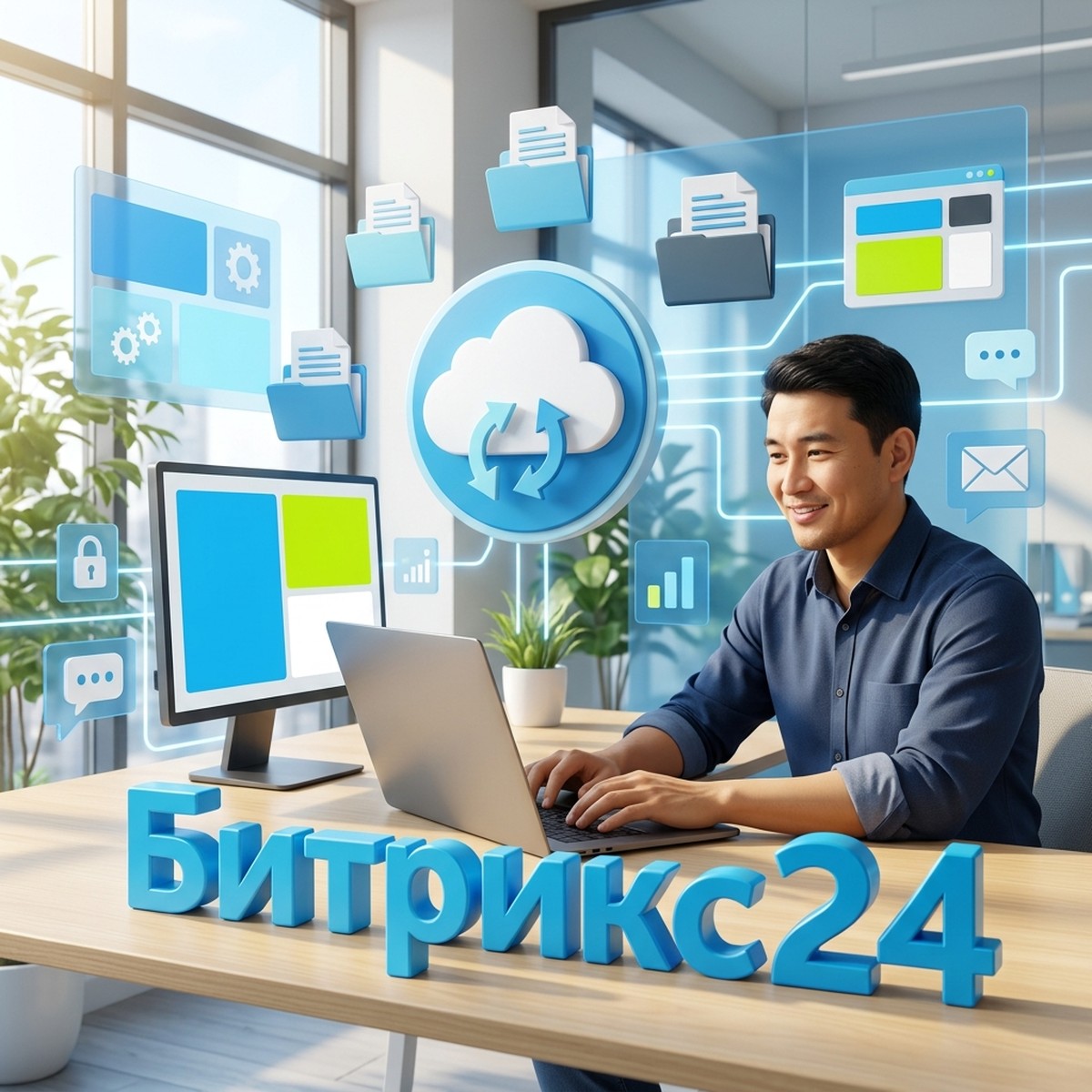Менеджер за ноутбуком синхронизирует Диск Битрикс24 на компьютере, объёмная надпись Битрикс24
