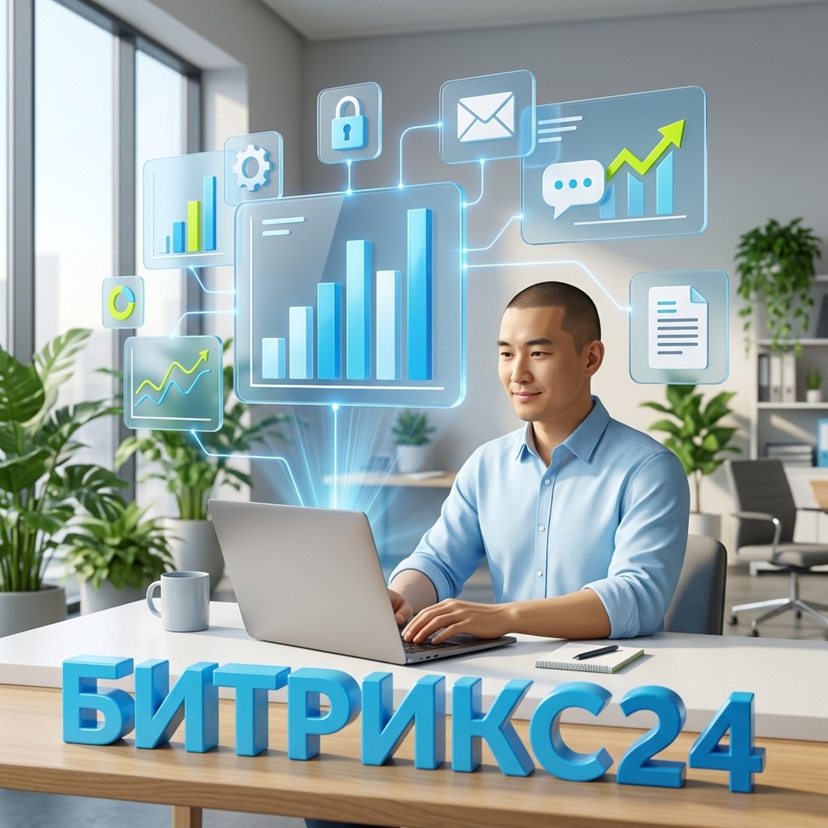 Специалист по внедрению Битрикс24 за ноутбуком, вокруг парят панели с графиками и потоками данных, на столе объёмная надпись Битрикс24