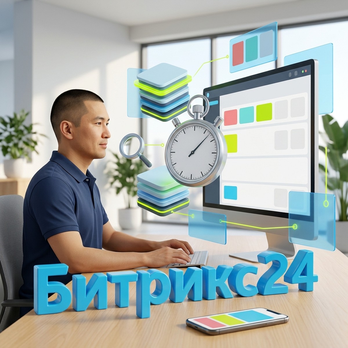 Инженер техподдержки разбирает, почему Битрикс24 тормозит: секундомер и слои базы данных перед монитором со списком записей