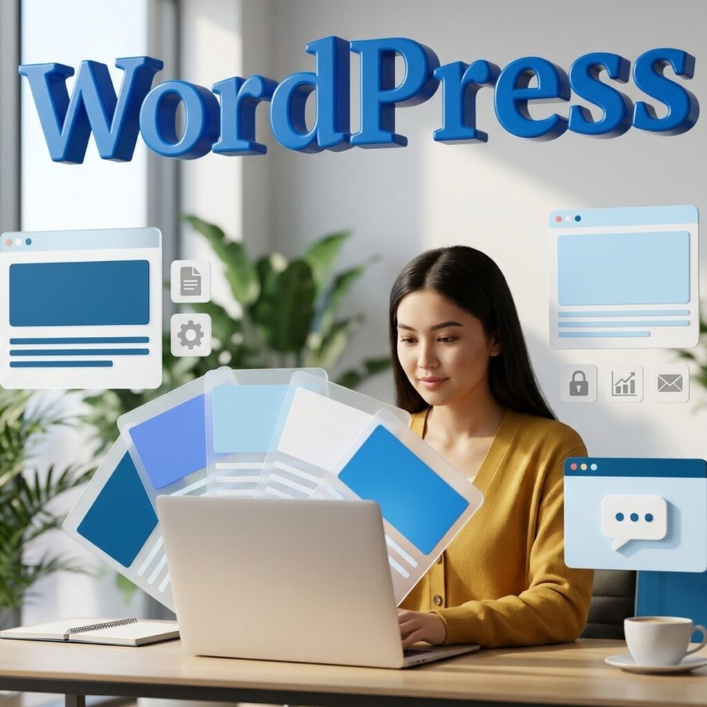 Контент-маркетолог ведёт блог компании на WordPress: веер карточек статей над рабочим столом