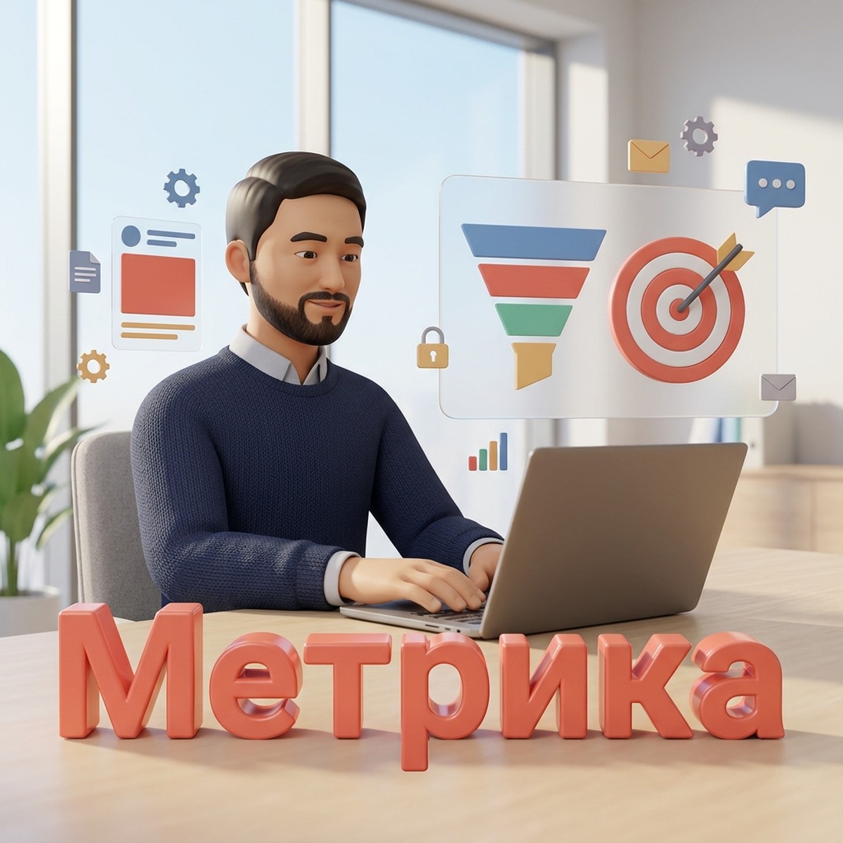 Маркетолог настраивает цели в Яндекс.Метрике: воронка и мишень рядом с ноутбуком, объёмное слово Метрика на столе