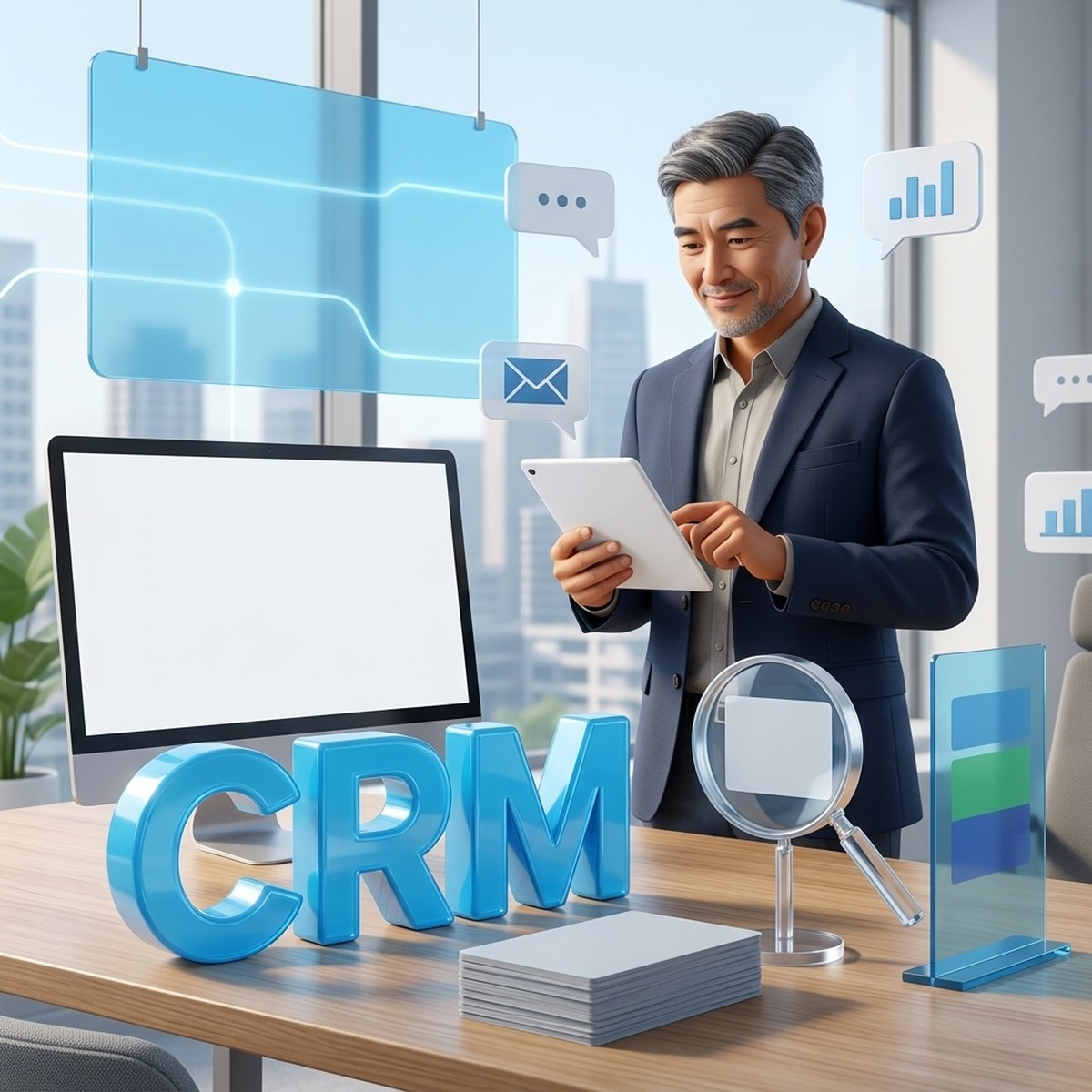 Собственник бизнеса с планшетом смотрит через лупу на пустые карточки CRM