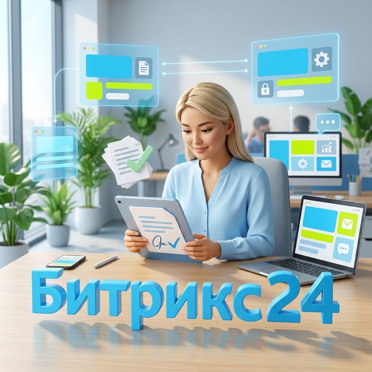 Офис-менеджер подписывает договор на планшете электронной подписью, объёмная надпись Битрикс24