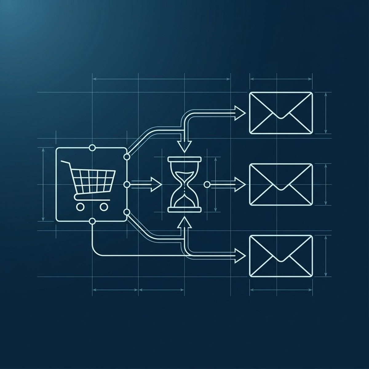 Схема автоматической цепочки email-триггеров в 1С-Битрикс: корзина, таймер и три письма