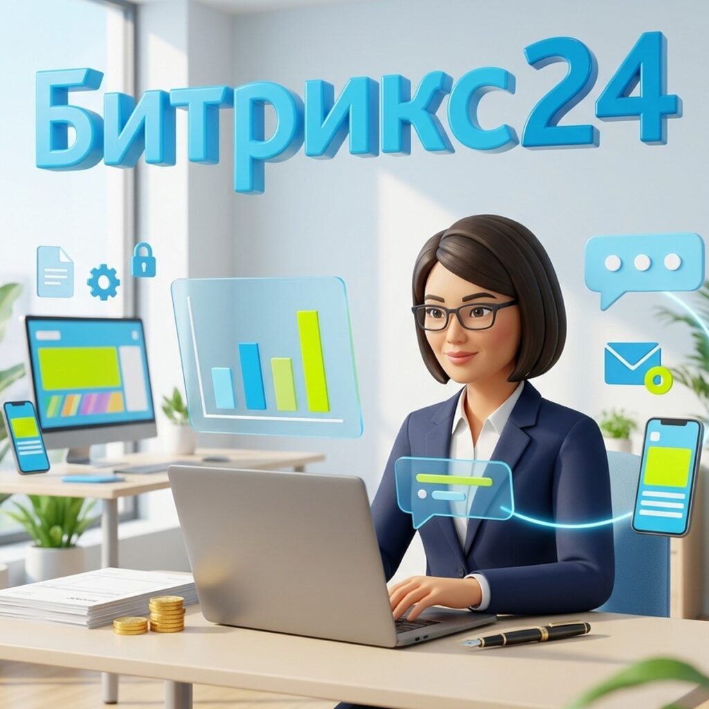 Финансовый директор контролирует дебиторскую задолженность в Битрикс24: график, счета и монеты на столе
