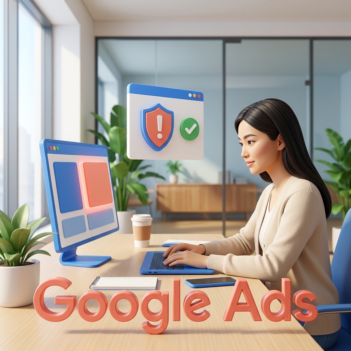 Маркетолог проверяет отклонённые объявления Google Ads: объёмная надпись Google Ads, экран с рекламными блоками и значок проверки