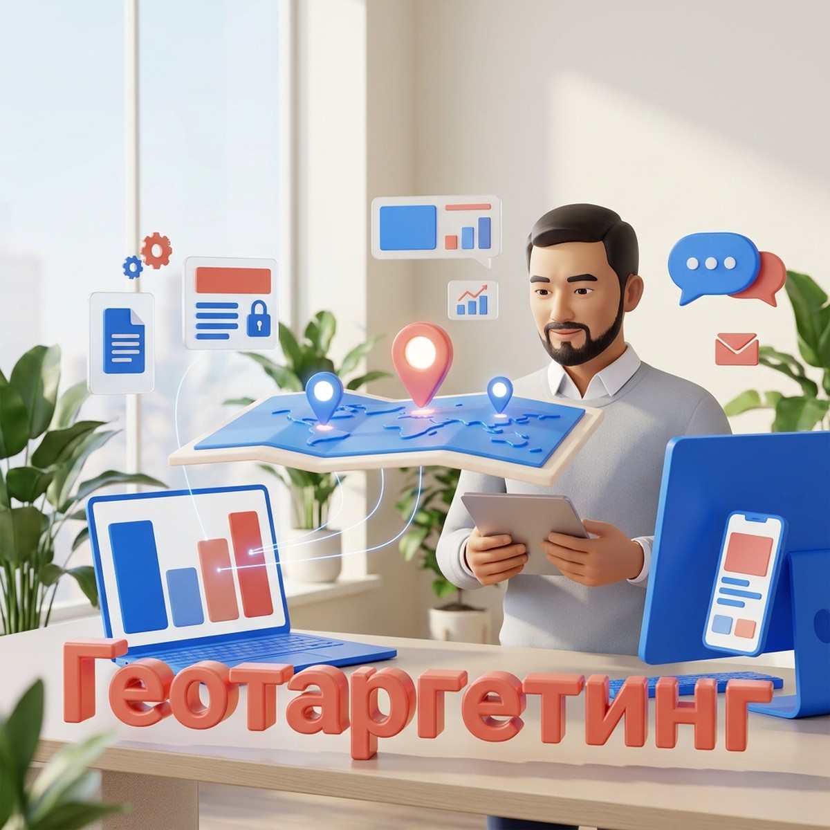 Маркетолог с планшетом у объёмной карты с метками городов и надпись «Геотаргетинг»: настройка Google Ads по городам Казахстана