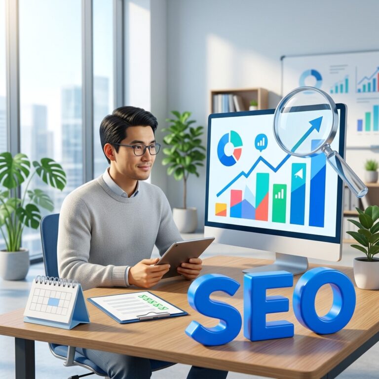 Маркетолог анализирует отчёт Google Search Console: растущий график под лупой и объёмная надпись SEO