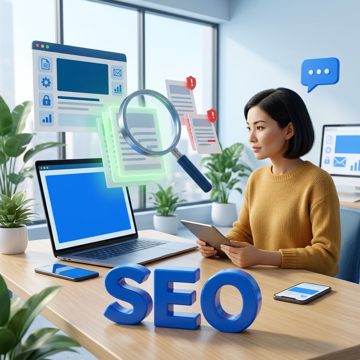 SEO-специалист с планшетом за столом, над столом лупа проверяет страницы сайта, часть страниц помечена красными щитами, на переднем плане объёмная надпись SEO