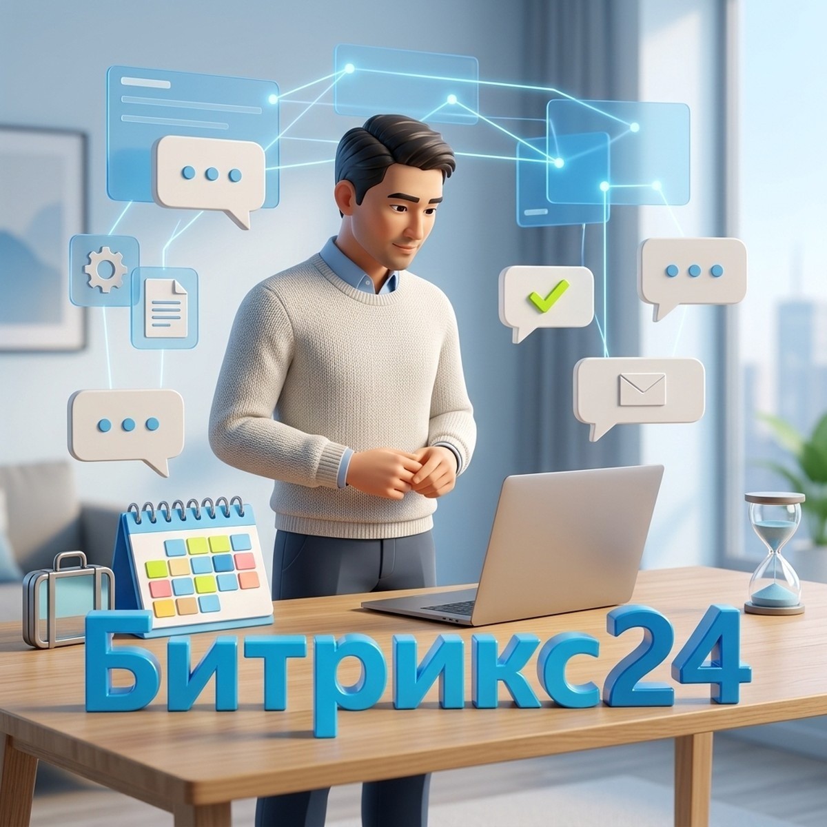 HR-менеджер у ноутбука с цветным календарём, песочными часами, чемоданом и объёмной надписью Битрикс24 — график работы и отсутствий