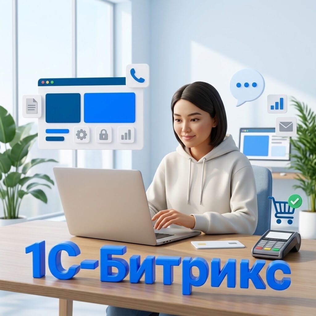 Разработчица подключает онлайн-оплату к сайту на 1С-Битрикс: ноутбук, банковская карта и платёжный терминал