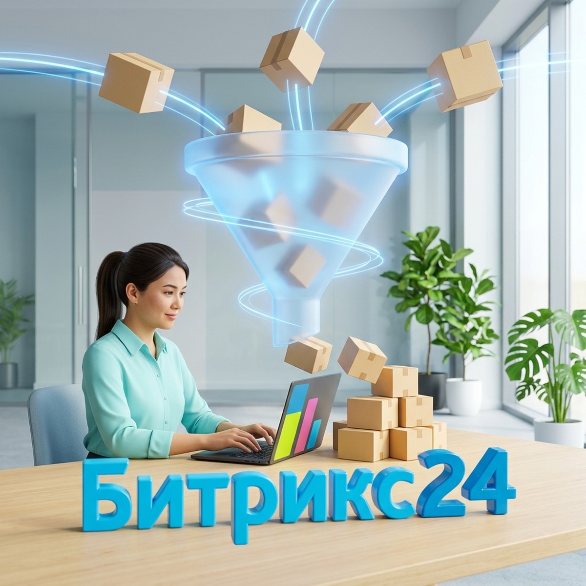 Менеджер по заказам работает за ноутбуком, над столом воронка, в которую влетают посылки с маркетплейсов, на столе объёмная надпись Битрикс24