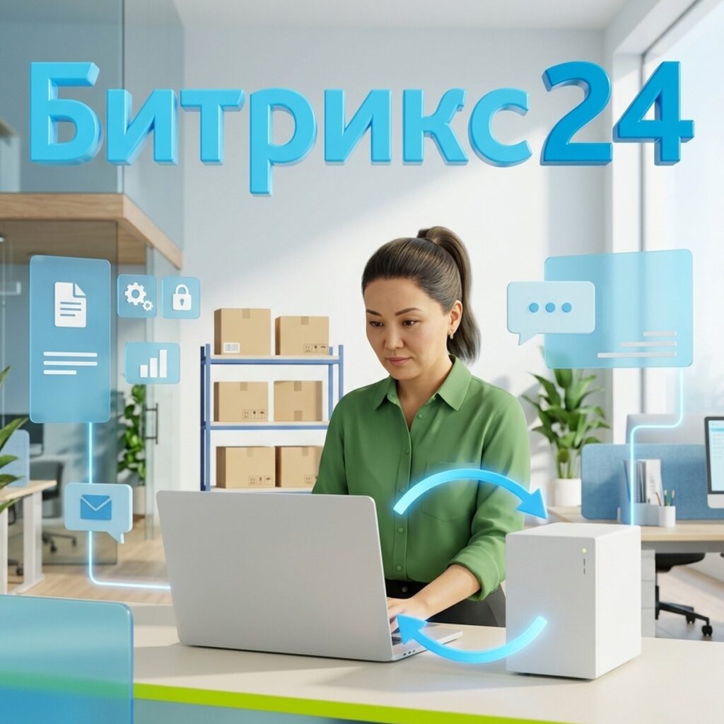 Менеджер синхронизирует склад и CRM: Битрикс24 на ноутбуке обменивается данными с учётной системой