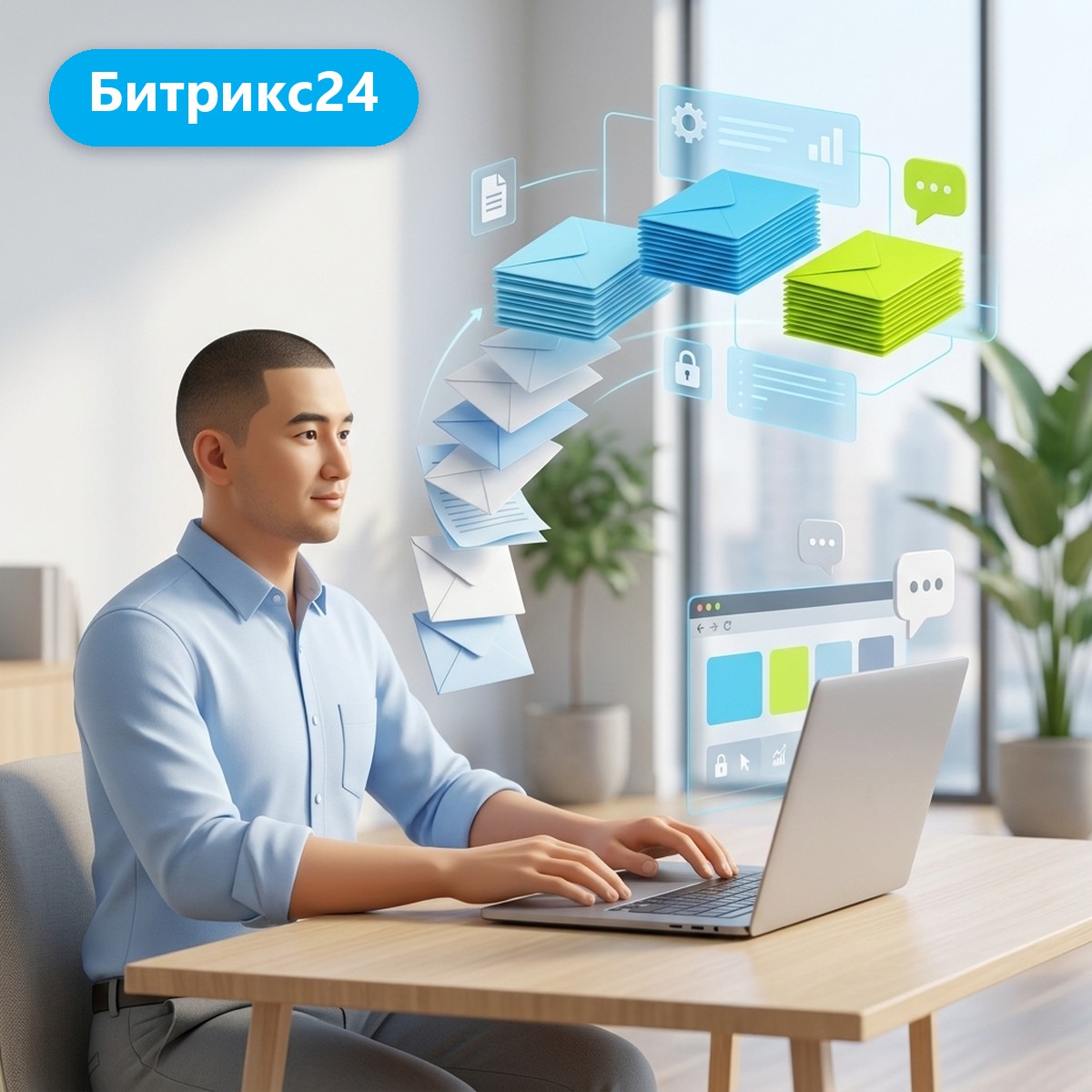 Маркетолог за ноутбуком, из Битрикс24 по дуге летят конверты и раскладываются в три стопки-сегмента: интеграция Битрикс24 с сервисом рассылок