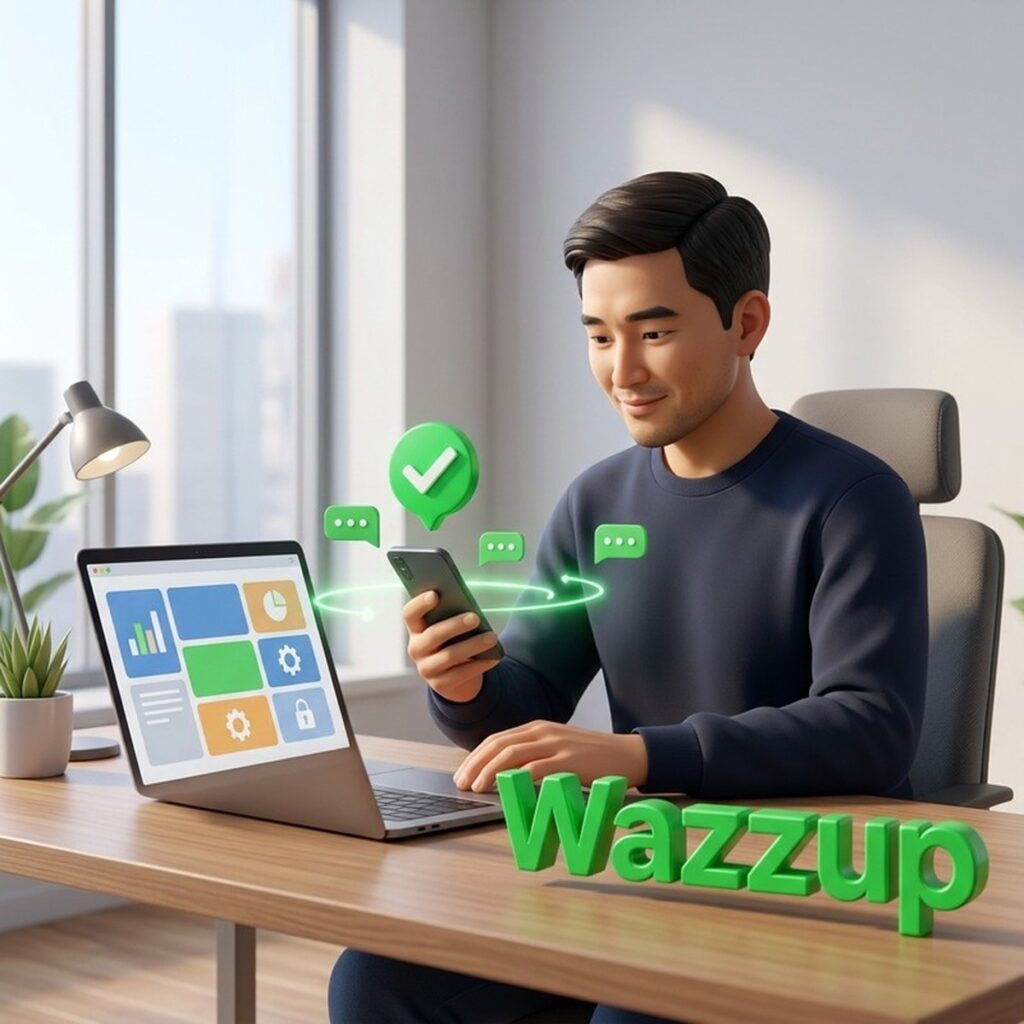 Смартфон и ноутбук соединены линией связи: подключение WhatsApp Business к Битрикс24 через Wazzup