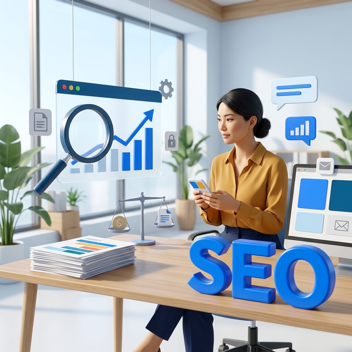 Маркетолог выбирает SEO-агентство: лупа над графиком роста, стопка отчётов, весы и объёмные буквы SEO на столе