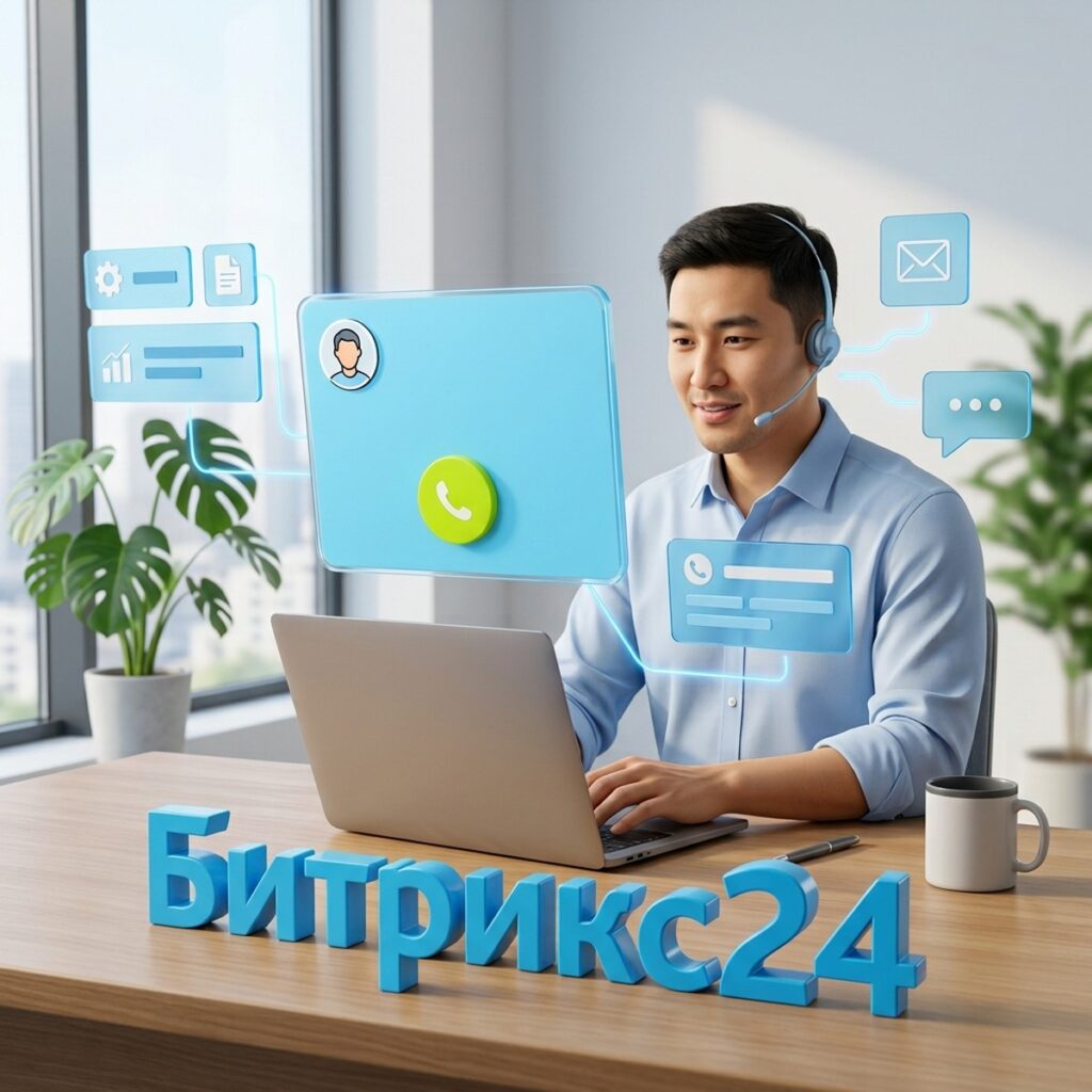 Менеджер в гарнитуре принимает входящий звонок, рядом парящая карточка звонка и объёмная надпись Битрикс24
