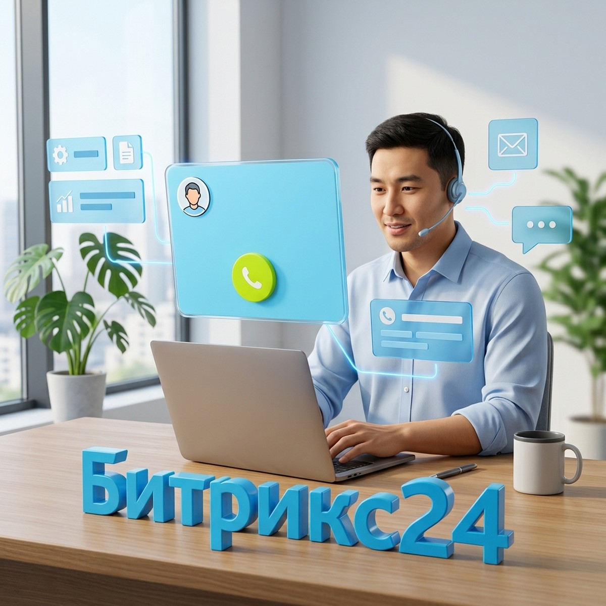 Менеджер в гарнитуре принимает входящий звонок, рядом парящая карточка звонка и объёмная надпись Битрикс24