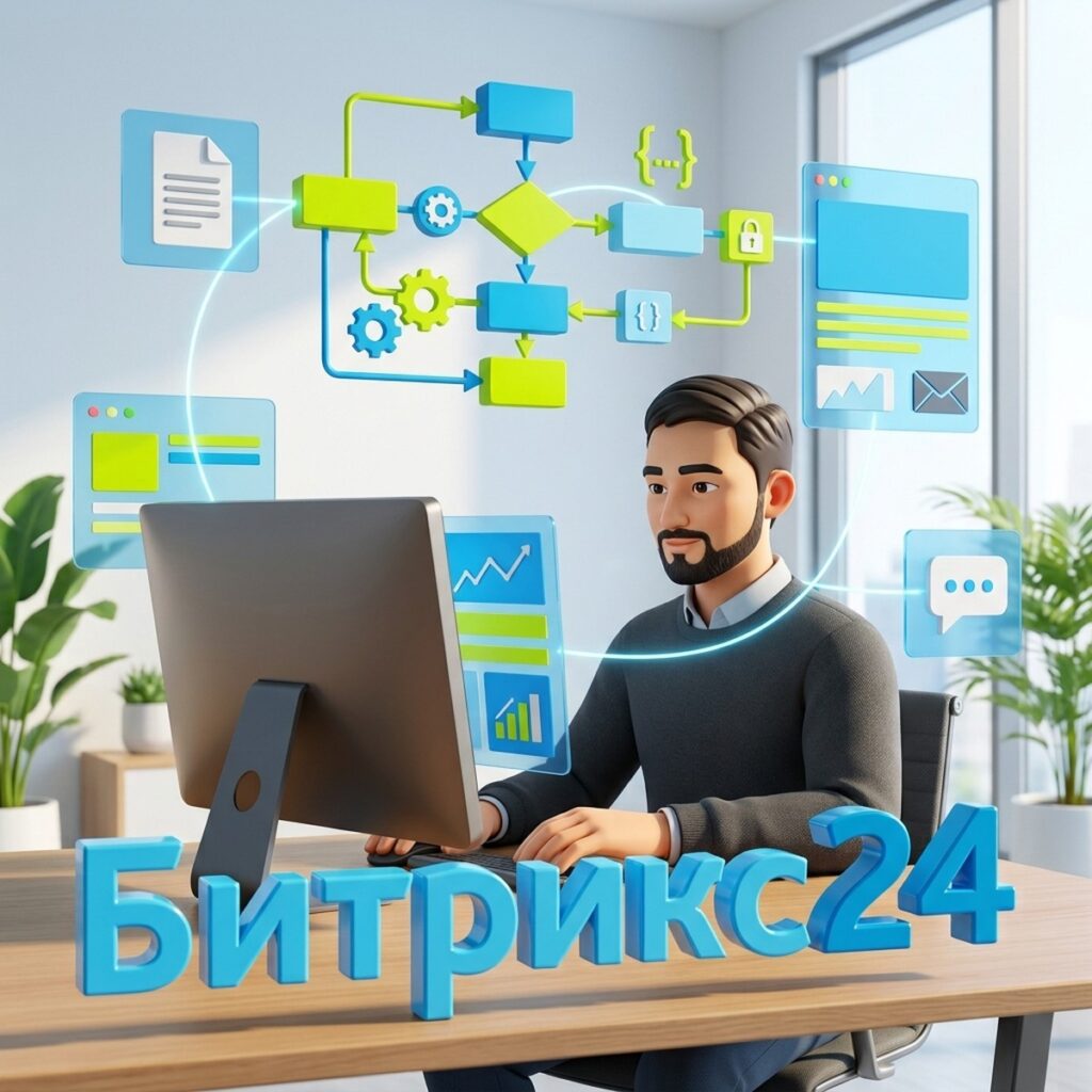 Разработчик настраивает кастомный бизнес-процесс в коробочном Битрикс24, над столом схема процесса из блоков и стрелок