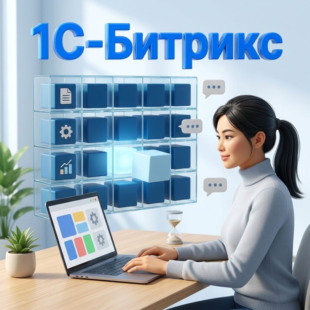 Разработчица настраивает кеширование сайта на 1С-Битрикс: стеклянный стеллаж с ячейками данных и ноутбук