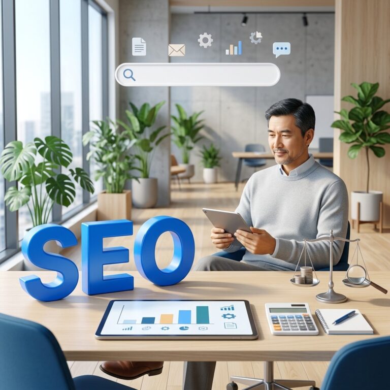 Маркетолог с планшетом за столом с объёмными буквами SEO, весами и калькулятором: расчёт, нужно ли бизнесу SEO-продвижение
