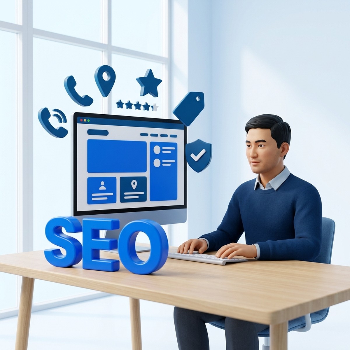 SEO-специалист за монитором с макетом сайта, вокруг парят телефон, метка на карте, звёзды рейтинга, ценник и щит: коммерческие факторы ранжирования для SEO