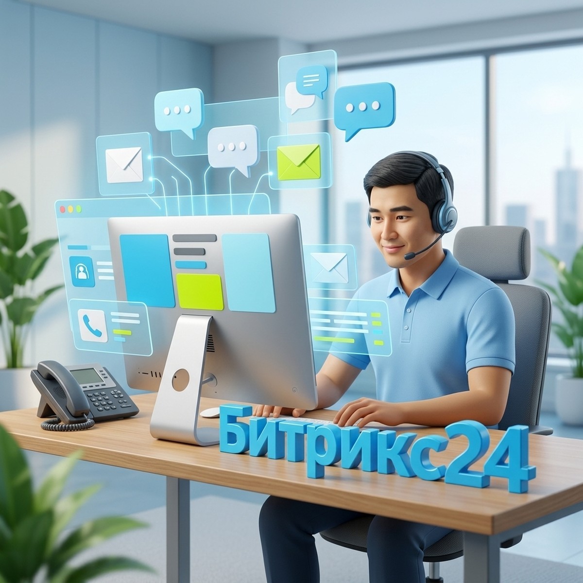 Оператор контакт-центра Битрикс24 в гарнитуре принимает сообщения и письма в одном окне
