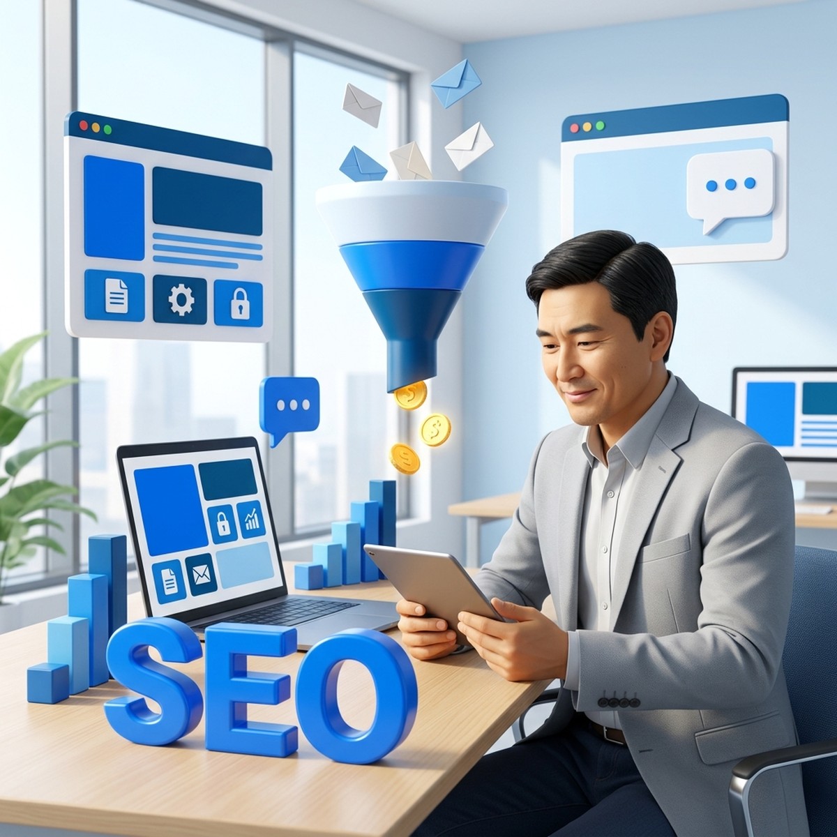Руководитель с планшетом у стола с объёмными буквами SEO и воронкой, превращающей заявки в монеты