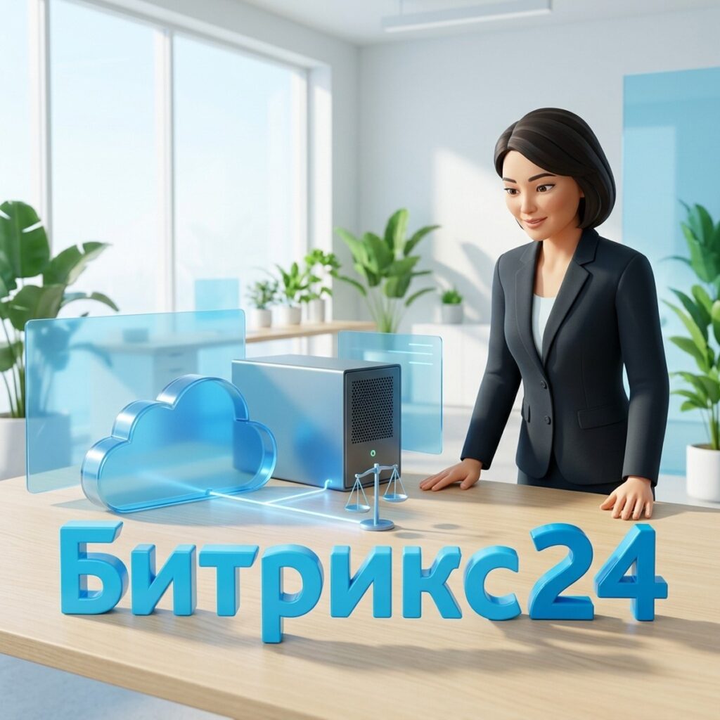 3D-иллюстрация: стеклянное облако и серверный блок на столе, между ними весы — сравнение облачной и коробочной лицензий Битрикс24