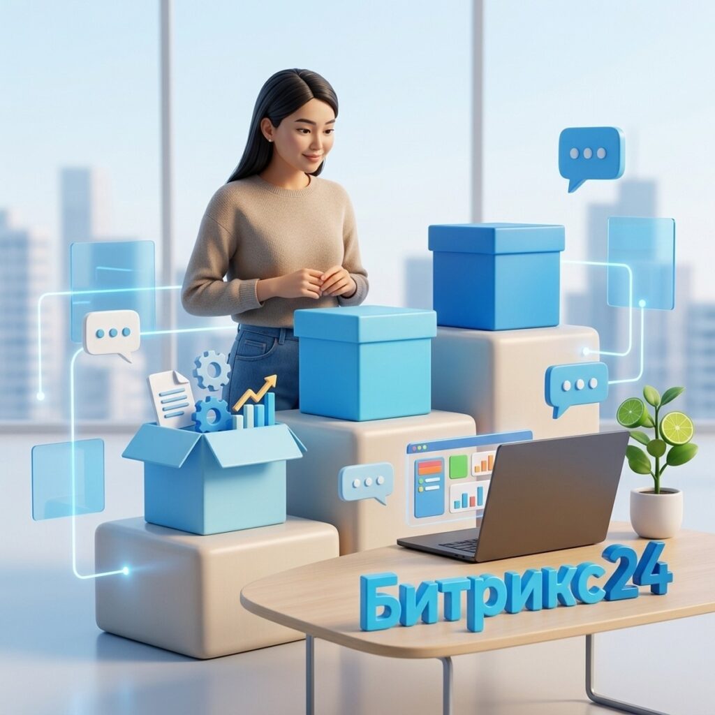 Основательница стартапа у ступеней с коробками тарифов Битрикс24