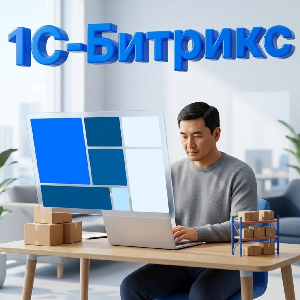 Руководитель оптовых продаж работает в личном кабинете дилера на 1С-Битрикс, рядом коробки и стеллаж с товарами