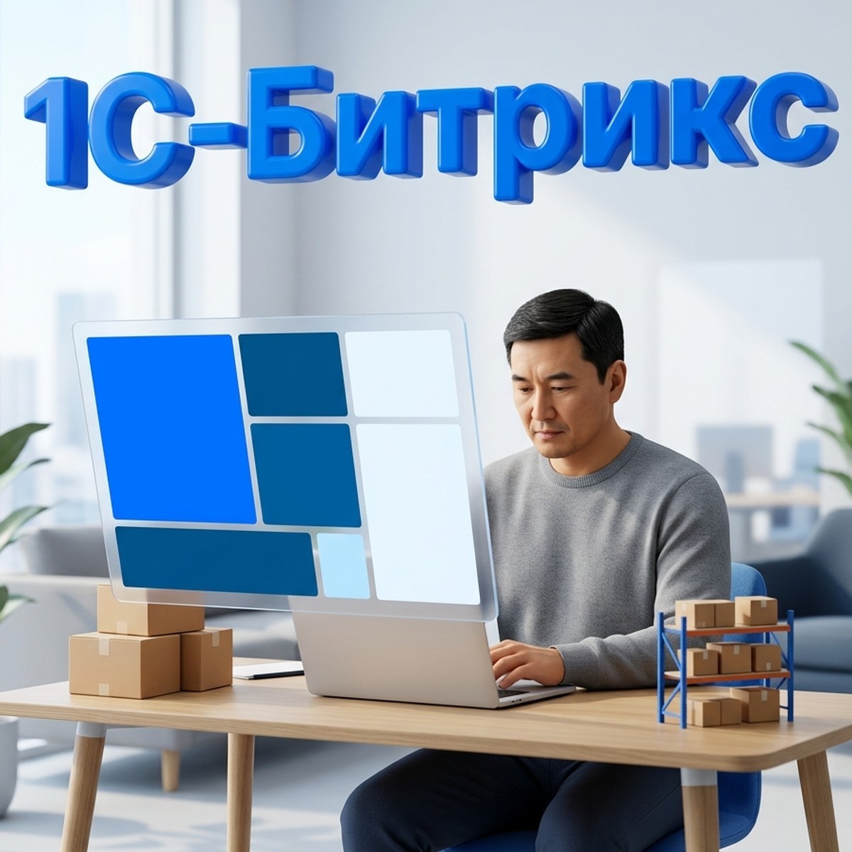 Руководитель оптовых продаж работает в личном кабинете дилера на 1С-Битрикс, рядом коробки и стеллаж с товарами