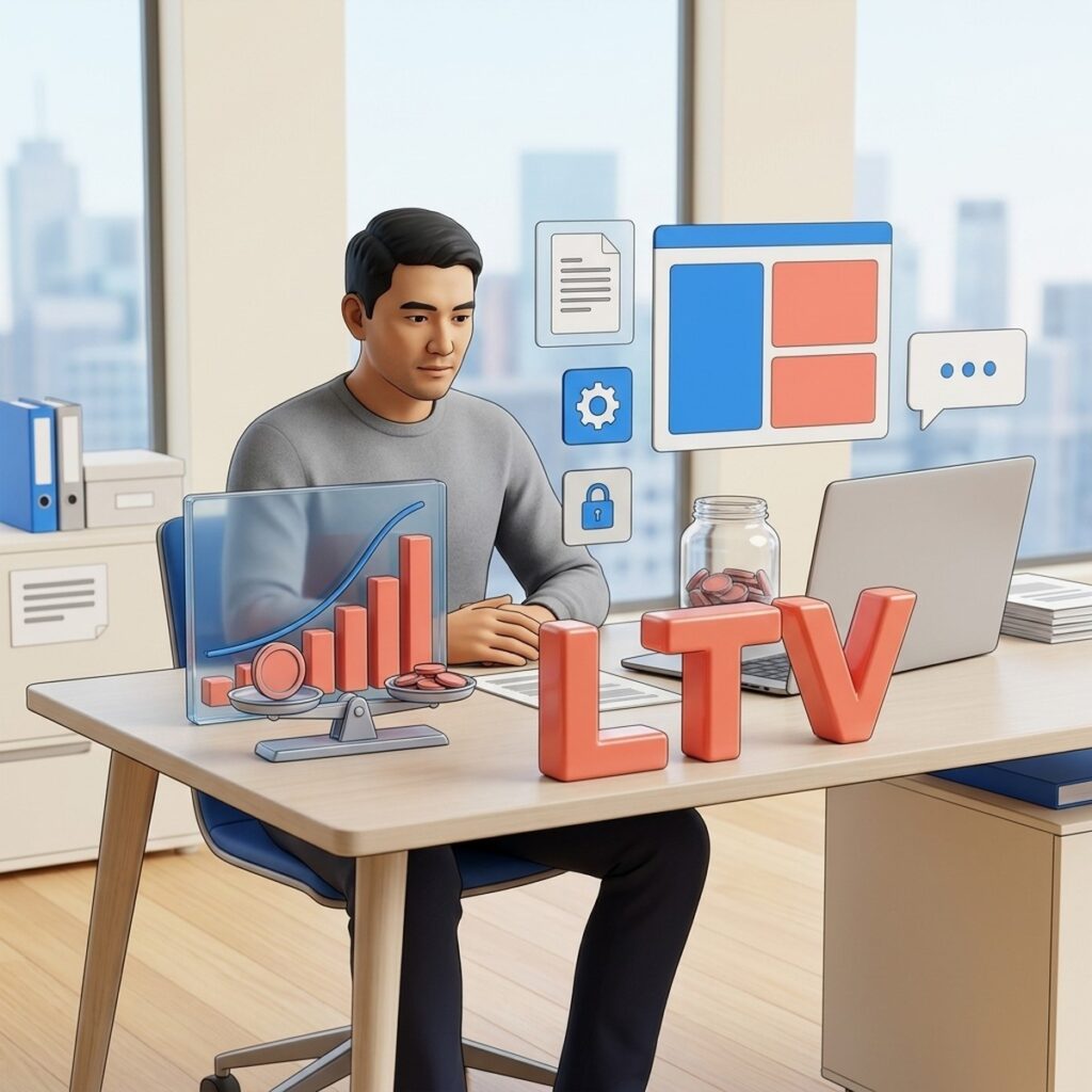 Маркетолог за столом считает LTV клиента: график роста, весы с монетами и объёмная надпись LTV